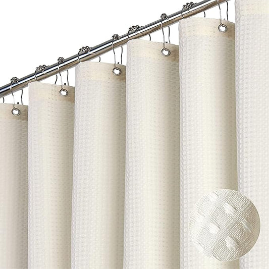 Dynamene Extra Wide Shower Curtain - 180 Inch Wide Waffle Weighted Thick Cloth Bathroom Shower Curtain, Neutral Heavy Duty Hotel Shower Curtain Set with 32 Plastic Hooks, 180x72, Cream/Ivory