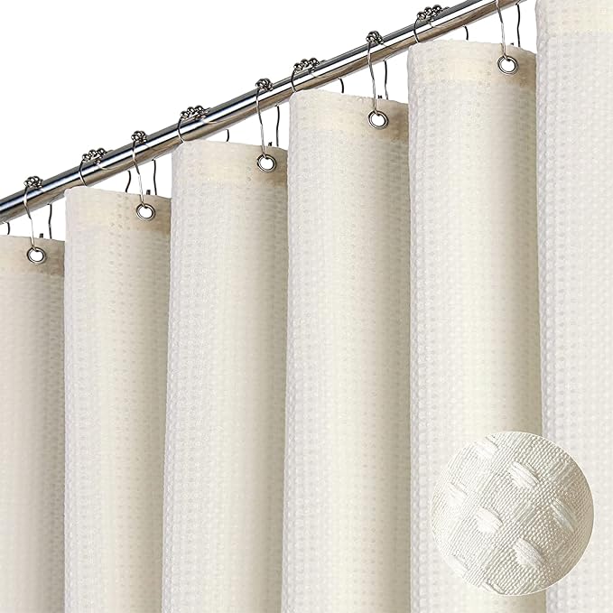 Dynamene Stall Fabric Shower Curtain - 48 inch Wide Waffle Weave Weighted Thick Cloth Shower Curtain for Bathroom, Neutral Heavy Duty Hotel Spa Luxury Bath Curtain Set with 8 Hook, 48x72, Cream/Ivory