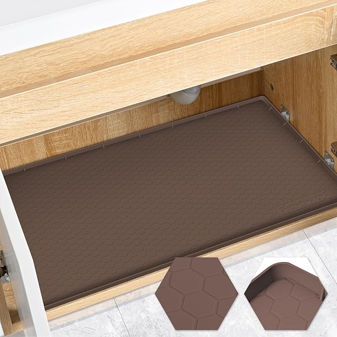 Waterproof Under Sink Mat 28" x 19", Silicone Cabinet Liner, Rubber Protector for Kitchen and Bathroom, Keeps Cabinets Clean, Dry, and Organized (Brown)