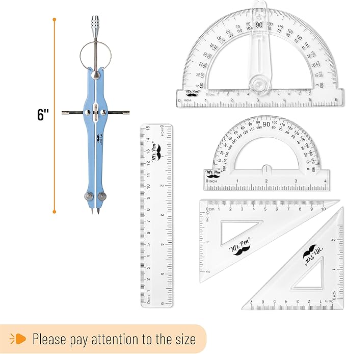 Mr. Pen- Geometry Set, 15 pcs, Blue, 6 Inch Swing Arm Protractor, Divider, Set Squares, Ruler, Compasses and Protractor