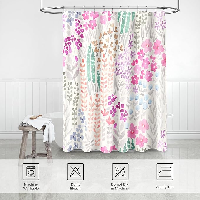 Extra Long Shower Curtain 72 x 96 Inch, Floor to Ceiling X-Long Tall Cute Floral Shower Curtain for Bathroom, Hot Pink Wildflower Boho Cottagecore Fabric Shower Curtain Set with Hooks
