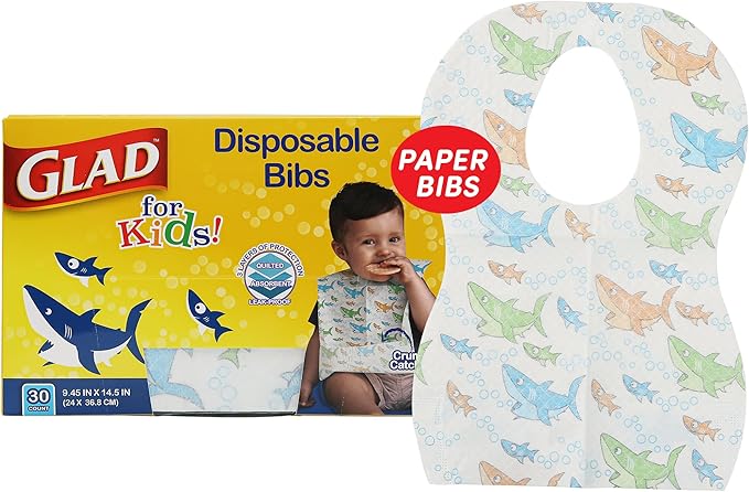 Glad for Kids Shark Disposable Paper Bibs with Crumb Catcher, Absorbent Leakproof Bibs for Toddlers and Babies, Mess Free Feeding, Crafts, Parties, and Travel Use, 30 Count