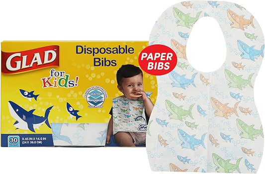 Glad for Kids Shark Disposable Paper Bibs with Crumb Catcher, Absorbent Leakproof Bibs for Toddlers and Babies, Mess Free Feeding, Crafts, Parties, and Travel Use, 30 Count