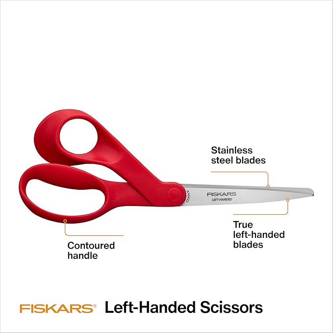 Fiskars Left-Handed Scissors, Precision Cutting for Craft Fabric Paper, Ergonomic Comfort Grip, Stainless Steel, 8", Red