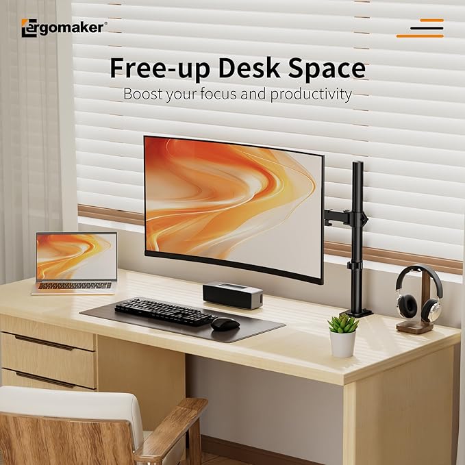 ERGOMAKER Single Monitor Mount for Desk, Monitor Stand Fits 13" to 27" LCD Screens, Fully Adjustable Display Arm with C-Clamp and Grommet Base, VESA 75x75 100x100mm, Black