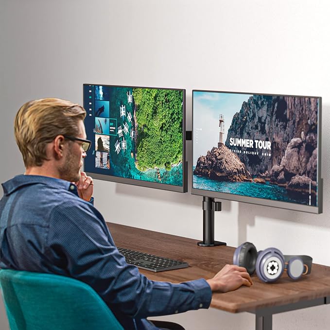 WALI Dual Monitor Stand for Desk, Dual Monitor Mounts for 2 Monitors up to 27 inch, 2 Monitor Desk Mount Holds up to 22 lbs, Height Adjustable Swivel Tilt Rotation, 75x75/100x100mm (M002), Black