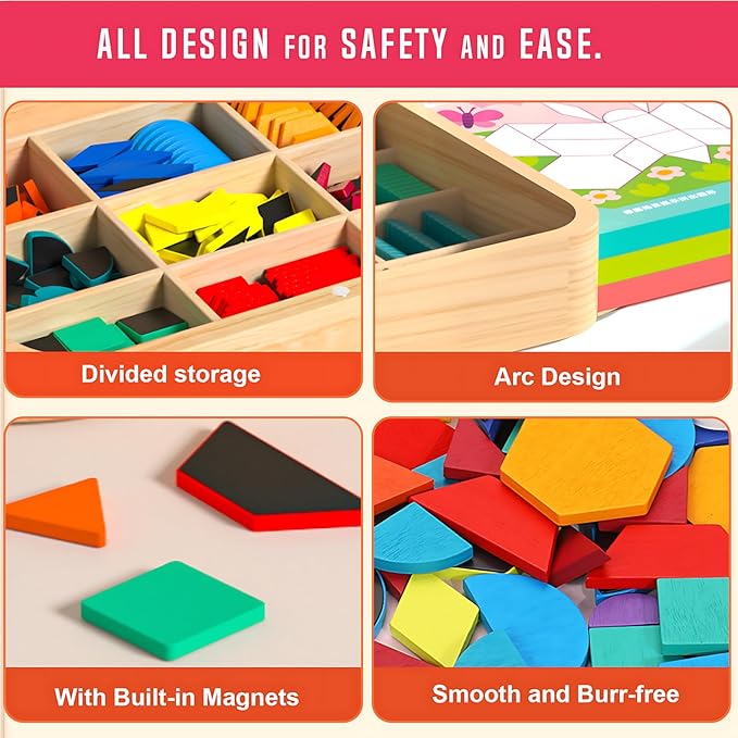 248 Pcs Wooden Magnetic Pattern Block Set with Cards, Pen & Storage Bag, Montessori STEM Tangram Puzzle Toys for Toddlers 4 5 6 7 8, Educational Brain Teaser Gift for Boys Girls