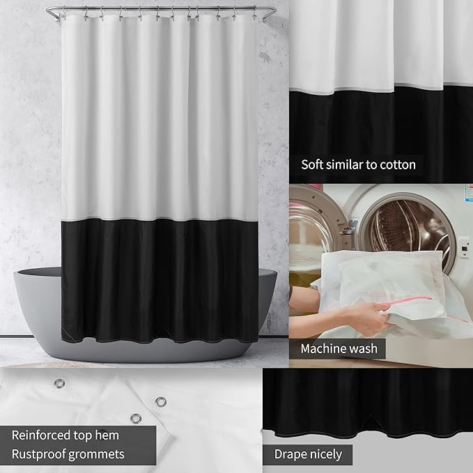 Waterproof Fabric Shower Curtain Liner - Soft & Light-Weight Cloth Shower Curtain with 3 Bottom Magnets, Hotel Quality & Machine Washable - Standard Size 72x72, Color Block Black and White