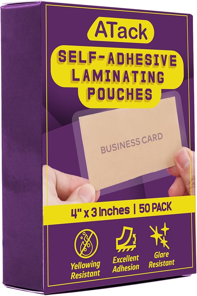 ATack Self Laminating Pouches, 50-Pack Business Card Self Laminating Sheets, 9.5 mils, Self Adhesive Laminate Sheets for Business Cards, Clear Self-Sealing Laminating Sheet Pouches