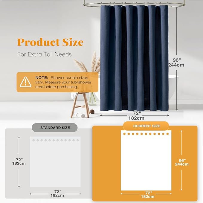 BTTN Blue Extra Long Shower Curtain, 72x96 Inch Long Linen Textured Heavy Duty Fabric Shower Curtain Set with 12 Hooks, Tall Decorative Neutral Waterproof Cloth Shower Curtain for Bathroom, Navy Blue