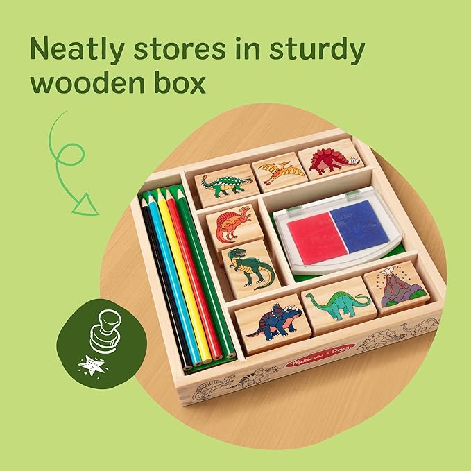Melissa & Doug Wooden Stamp Set: Dinosaurs - 8 Stamps, 5 Colored Pencils, 2-Color Stamp Pad - FSC Certified