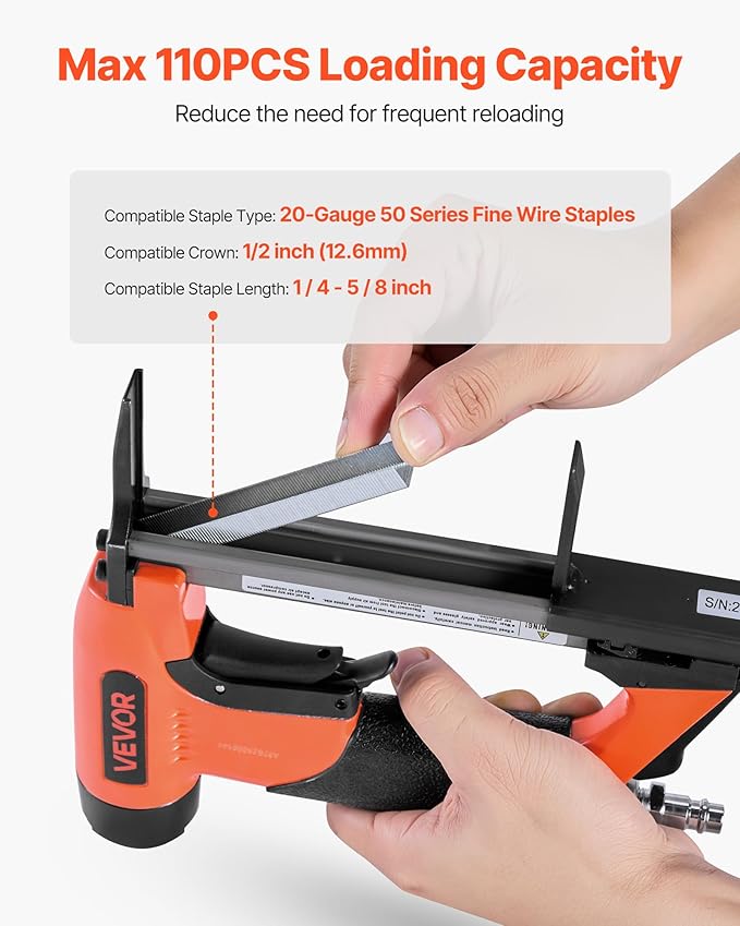 VEVOR Pneumatic Staple Gun, 20 Gauge Long-Nose Upholstery Stapler for 50 Series Fine Wire Staples 1/2-inch Crown 1/4"-5/8" Length, Max 110PCS Loading Air Staple Gun for Upholstering, Woodworking, DIY