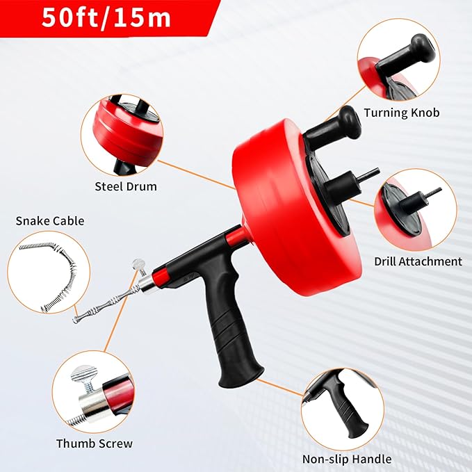 50 Ft Plumbing Snake Tools, Drain Snake with Drill Attachment, Double Mode Drain Auger for Shower, Sink, Bathrom and Kitchen, w/Gloves and Storage Bag