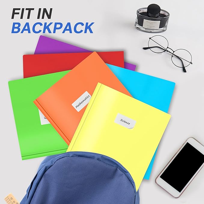 Sooez 6 Pack Pocket Folder with Prongs, Plastic Folders with Extra Pockets, Heavy Duty Two Pocket File Folders 3 Prong Folders Back to School Supplies, Letter Size A4,Bright