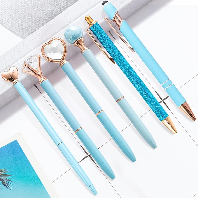 Fancy Pens for Women, 6 Pcs Cute Blue Pens Ballpoint Pen Bulk, 1.0mm Medium Point Black Ink Smooth Writing Pen for Note Taking, Gifts for Nurse Teacher (Blue)