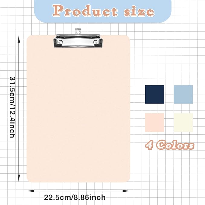 4 Pack Plastic Clipboards Multiple Colors Clip Boards with Low Profile Metal Clip,Hangable Low Profile Clipboard, Standard A4 Letter Size for Studen