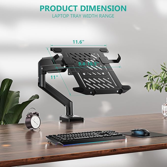 WALI Laptop Desk Mount, 2-in-1 Monitor Mount Fit 17” Notebook and 34” Monitors, Laptop Stand for Desk Adjustable Height, Gas Spring Monitor Arm with Laptops Holder, Up to 22-26.4lbs(GSMP001LPN), Black
