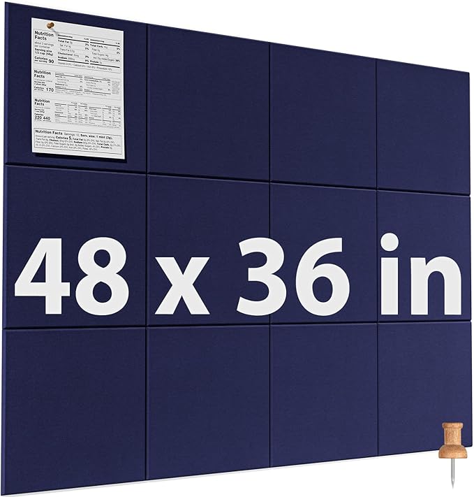 MaxGear Large Cork Board for Wall 48" x 36" Dark Blue Bulletin Board, 12 Pack Felt Wall Tiles with Pushpins, Cork Boards for Office Pin Board Tack Board for Photo Meno Decor
