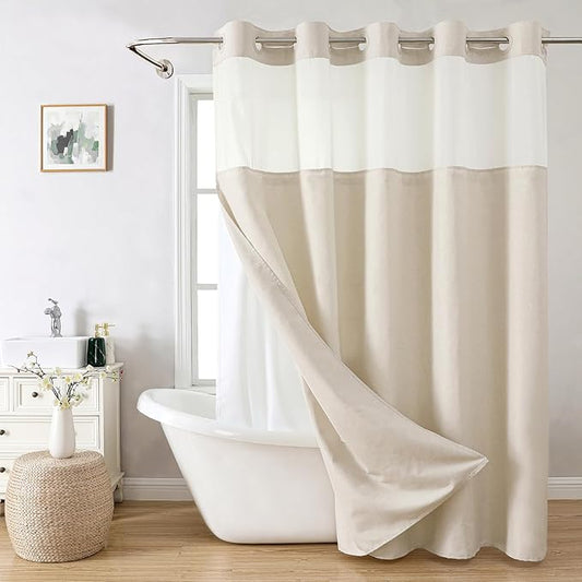 Extra Long No Hooks Needed Linen Textured Shower Curtain with Snap-in Fabric Liner Set,Cream Hotel Luxury Decor Shower Curtains for Bathroom,Waterproof & Washable,71Wx92H