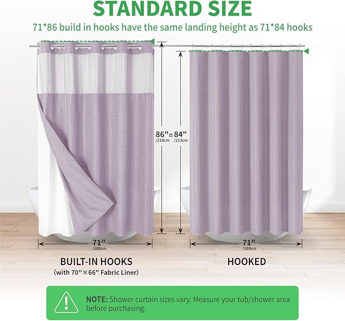 Extra Long No Hooks Needed Linen Textured Shower Curtain with Snap-in Fabric Liner Set,White Hotel Luxury Decor Shower Curtains for Bathroom,Waterproof & Washable,71Wx86H,Lavender