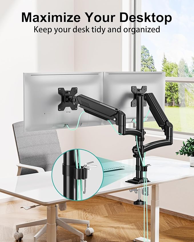 Dual Monitor Stand for Desk, Taller Monitor Arms for 2 Screens up to 32 inch, Ergonomic Adjustable Full Motion Double Computer Monitor Mount, Holds 4.4-22lbs, VESA 75/100mm, Black, Freelift