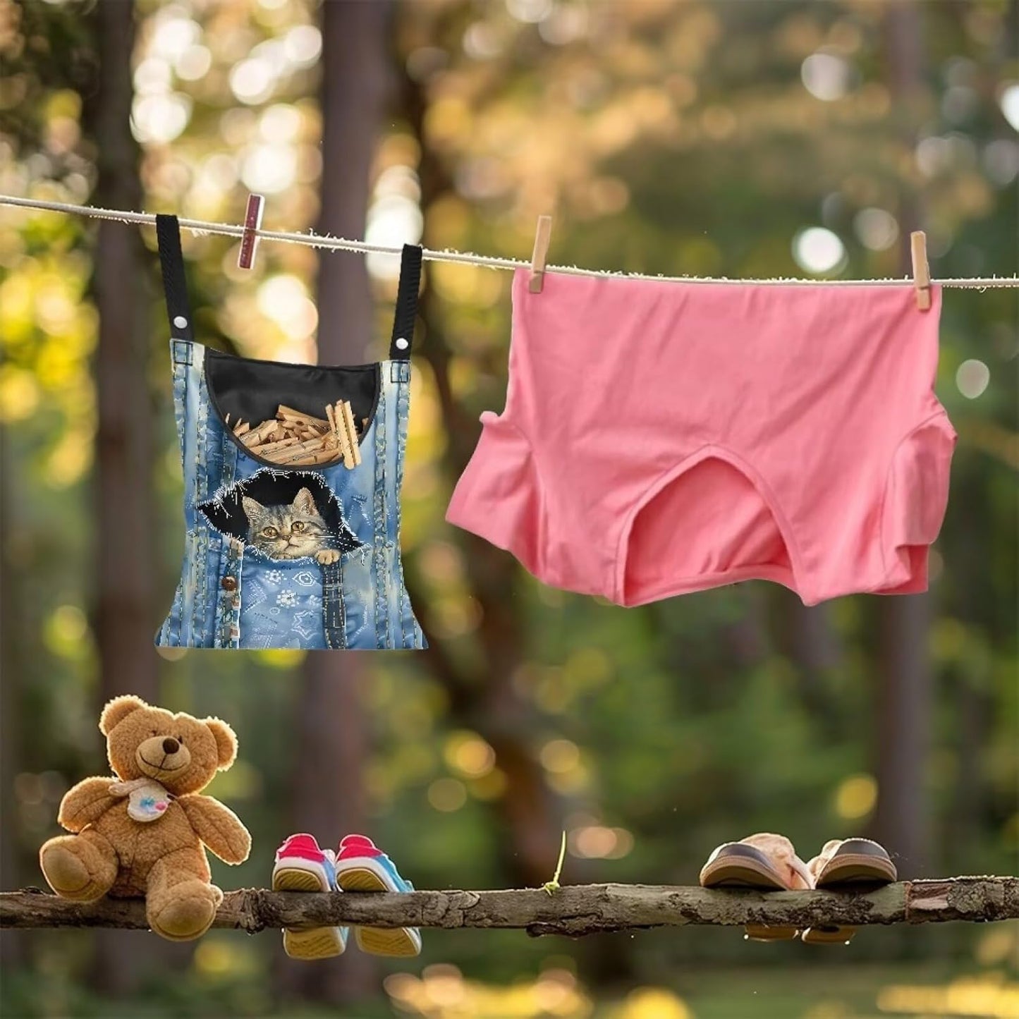 Cat Pin Bag with Hanging Rope, Laundry Hanging Bag, Fits Clothes Lines, Outdoor/Indoor Use