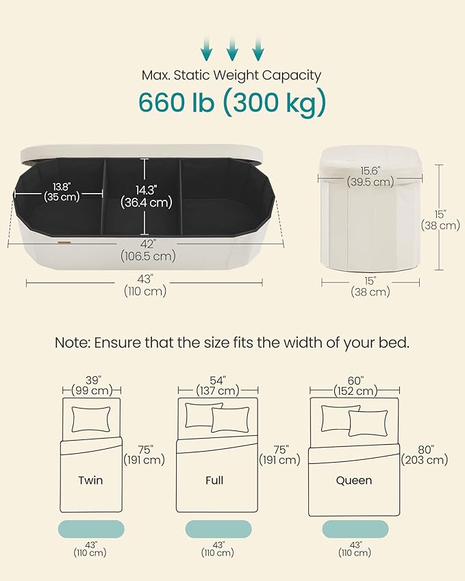 SONGMICS Mazie Collection - Folding Ottoman with Storage, Oval Storage Ottoman Bench, for Living Room, Bedroom, Velvet Fabric, 15 x 43 x 15 Inches, Cream White ULSF297LH01
