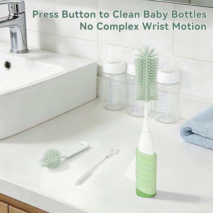 Bottle Brush Set, Innovative Efficient Press-to-Spin Brush Cleaner - Includes Silicone Baby Bottle Brush, Nipple Brush, Straw Cleaner - Spinning Generates Rich Foam for Deep Cleaning, Green