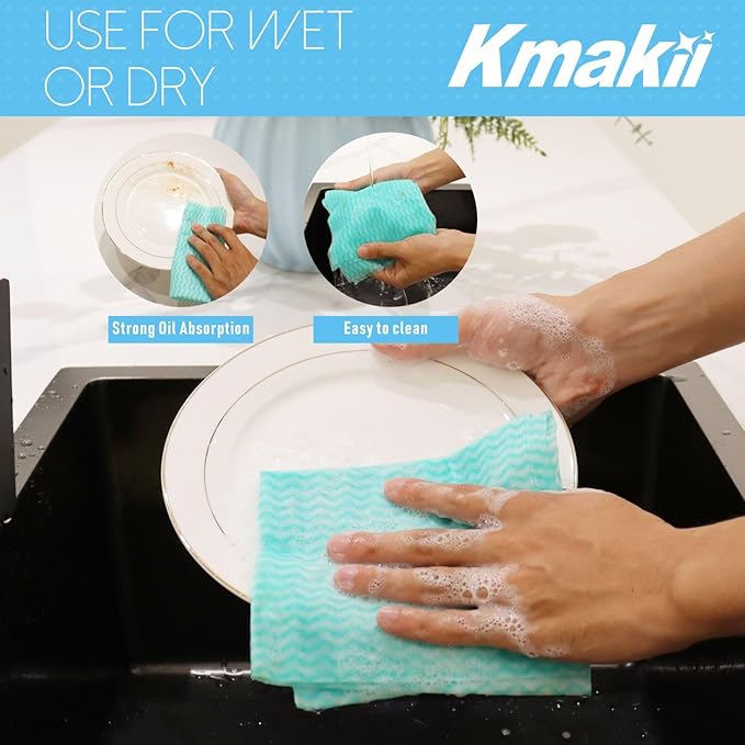KMAKII Handi Wipe Reusable Cloths - Multi-Purpose Cleaning Cloths and Towels, Absorbent, Quick-Dry, Durable Wipes for Kitchen and Home, Green, 11.8 x 21 inches, Pack of 40