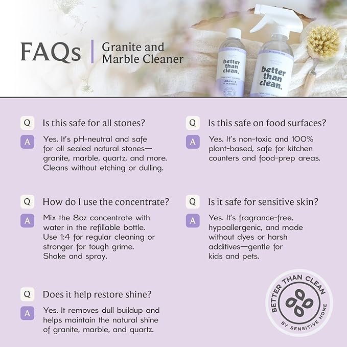 Marble & Granite Cleaner Starter Pack - Plant-Based Natural Stone Cleaner for Countertops, Showers, Floors & More - Suitable for Sensitive Skin, Fragrance Free, Kids & Pet-Friendly