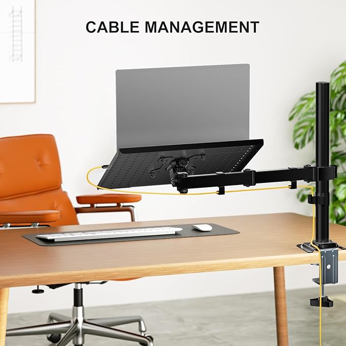 WALI Laptop Tray Desk Mount for 17inch Notebook, Fully Adjustable Laptop Arm up to 22lbs, Monitor Mount with Vented Cooling Platform Stand (M00LP), Black
