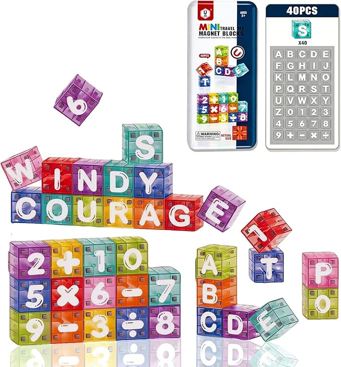 40PCS Magnetic Blocks Letter & Number Kit-STEM Educational Montessori Toys for Spelling, Counting & Math-Travel Toys for Kids Ages 3-8, Preschool Learning Activities & Fine Motor Skills Development