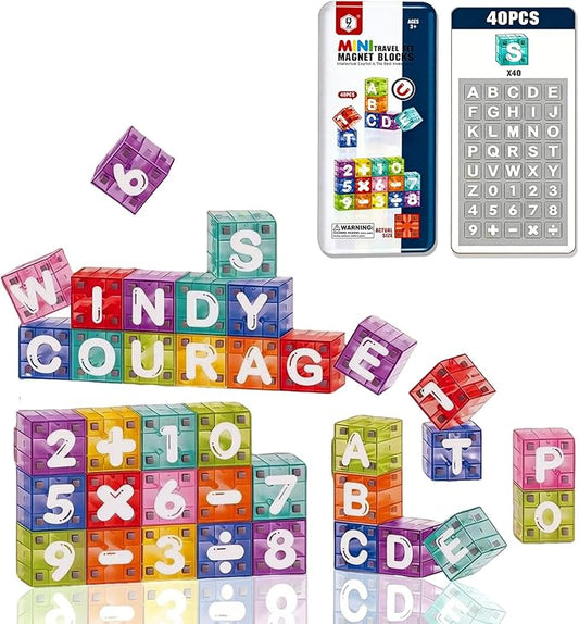 40PCS Magnetic Blocks Letter & Number Kit-STEM Educational Montessori Toys for Spelling, Counting & Math-Travel Toys for Kids Ages 3-8, Preschool Learning Activities & Fine Motor Skills Development