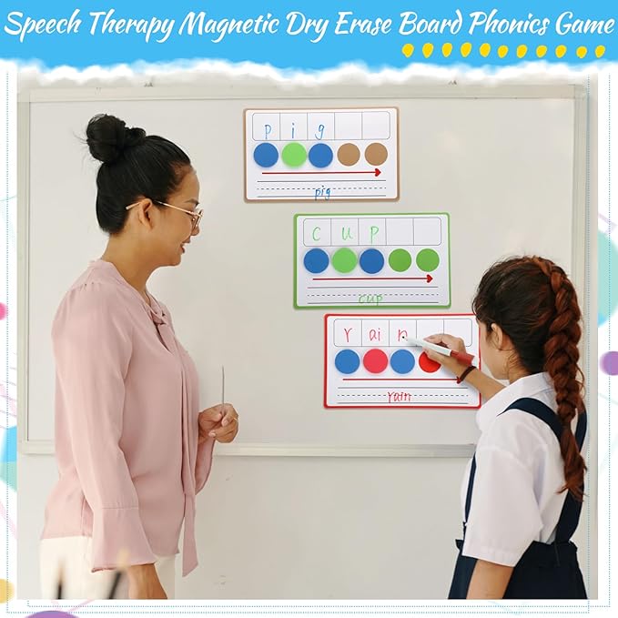 Nezyo 10 Pcs Phonemic Awareness Games Dry Erase Board Phonics Games with Magnetic Button and Pen Educational Gift for Kindergarten Classroom Kids Letter Sound Science Reading(10 Colors)