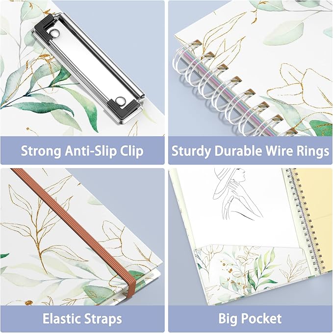 Rimilak Spiral Clipboard Folio with Refillable Lined Notepad, 14.5 x 9.8 In, Hardcover Cover with 5 Interior Pockets, Elastic Band and Pen Loop Series. Cute Stylish Clipfolio, Bohe Leaves