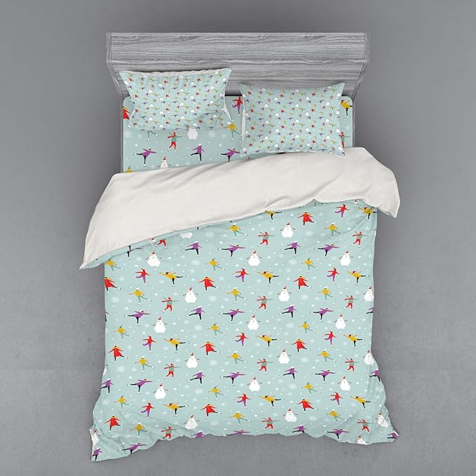 Ambesonne Ice Skates Bedding Set, Colorful Merry Christmas Theme with Human and Snowflakes Pattern, 4 Piece Duvet Cover Set with Shams and Fitted Sheet, Queen Size, Pale Seafoam Multicolor