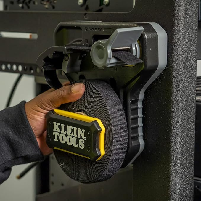Klein Tools 450-900 Cable Management, Hook & Loop Dispenser with 12-Foot x 3/4-Inch Tape Roll, Cuts Custom Length Hook & Loop Strips, Black