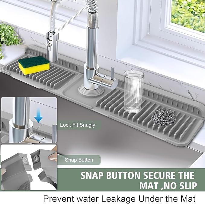 24-Inch Kitchen Sink Splash Guard Mat | 7° Slope for Fast Self-Draining | Snap-Lock Design | Universal & Cuttable Silicone Faucet Mat Gray