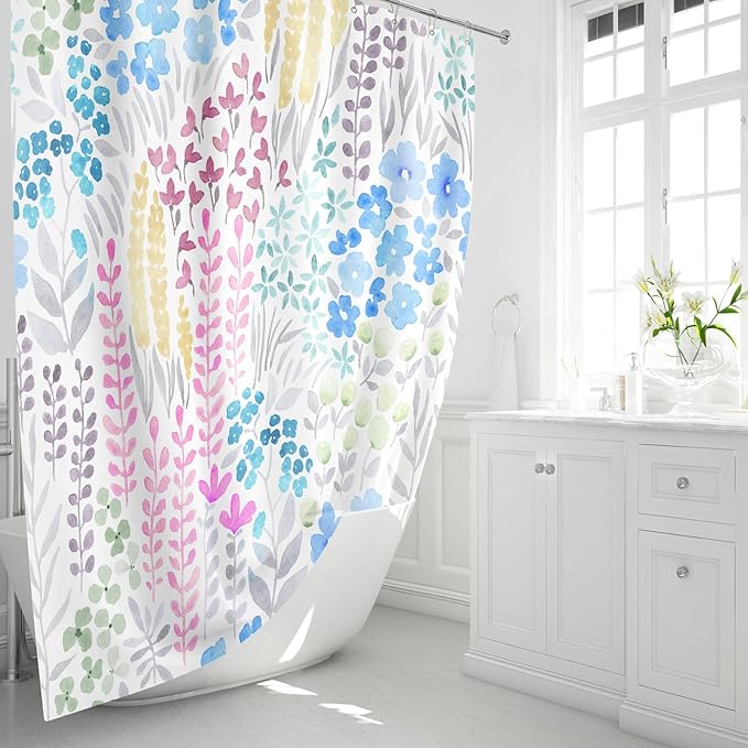 Extra Long Shower Curtain 72 x 96 Inch, Floor to Ceiling X-Long Tall Cute Floral Shower Curtain for Bathroom, Blue Pink Yellow Wildflower Boho Cottagecore Fabric Shower Curtain Set with Hooks