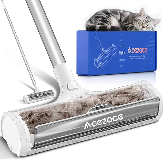ACE2ACE Carpet Roller for Pet Hair, Carpet Pet Hair Removal Tool, Reusable Large Lint Rollers, 5 Feet Long Handle No Bending No Kneeling, Cat Dog Hair Remover for Carpet, Rugs, Mats, Couches, Gray