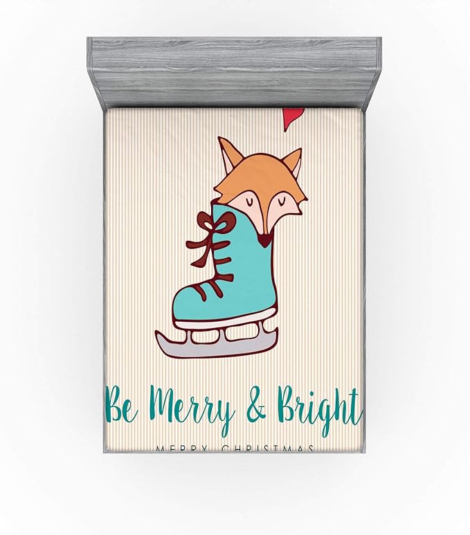 Ambesonne Christmas Fitted Sheet, Merry Calligraphy with Little Fox in Ice Skate Boot Heart on Stripes, Bed Cover with All-Round Elastic Deep Pocket for Comfort, Queen Size, Beige Seafoam and Amber