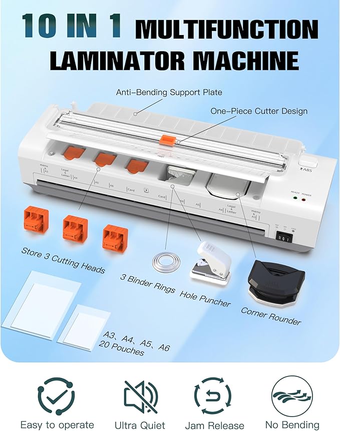 Laminator Machine 13 Inch Lamination Machine with Auto Paper Feed, Never Jam A3 Thermal Lamination, 20 Laminating Sheets 10-in-1 Laminator with Cutter, Trimmer & Corner Rounder for Office School Home