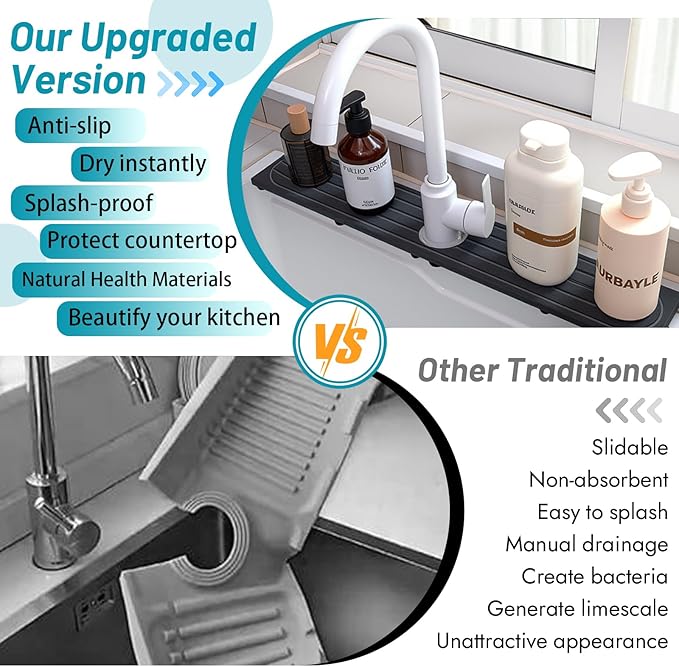 Stone Faucet Mat for Kitchen Sink with Raised Feet, Sink Mat for Kitchen Faucet, Water Absorbent Diatomite Stones Sinks Tray, Sink Splash Guard & Protectors, Stone Drying Tray for Bathroom Counter