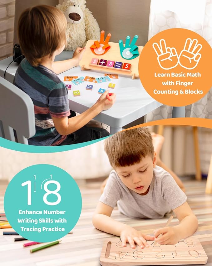 Montessori Learning Toys for Toddlers 2-4, Double-Sided Finger Counting & Number Tracing Board, Number Blocks,Solid Pine Wood Educational Math Toy for Kids Boys Girls Ages 3 4 5 Year Old Birthday Gift