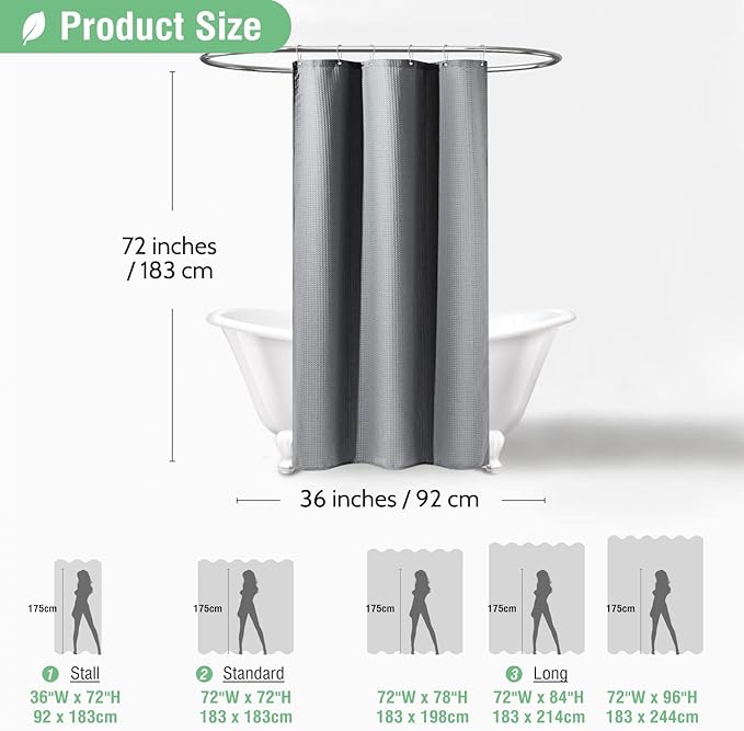 Dynamene Stall Fabric Shower Curtain - 36x72 Waffle Weave Heavy Duty Cloth Shower Curtains for Bathroom, Neutral Weighted Hotel Spa Luxury Bath Curtain Set with 6 Plastic Hooks,Grey/Gray
