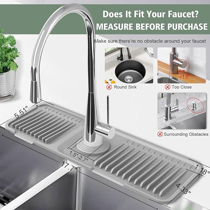17.7-Inch Kitchen Sink Splash Guard Mat | 7° Slope for Fast Self-Draining | Snap-Lock Design | Universal & Cuttable Silicone Faucet Mat Gray