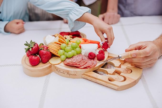PICNIC TIME Disney Minnie Mouse Head Shaped Cheese Board with Tools, Parawood Charcuterie Board with Recessed Groove and Stainless Steel Utensils (Parawood)
