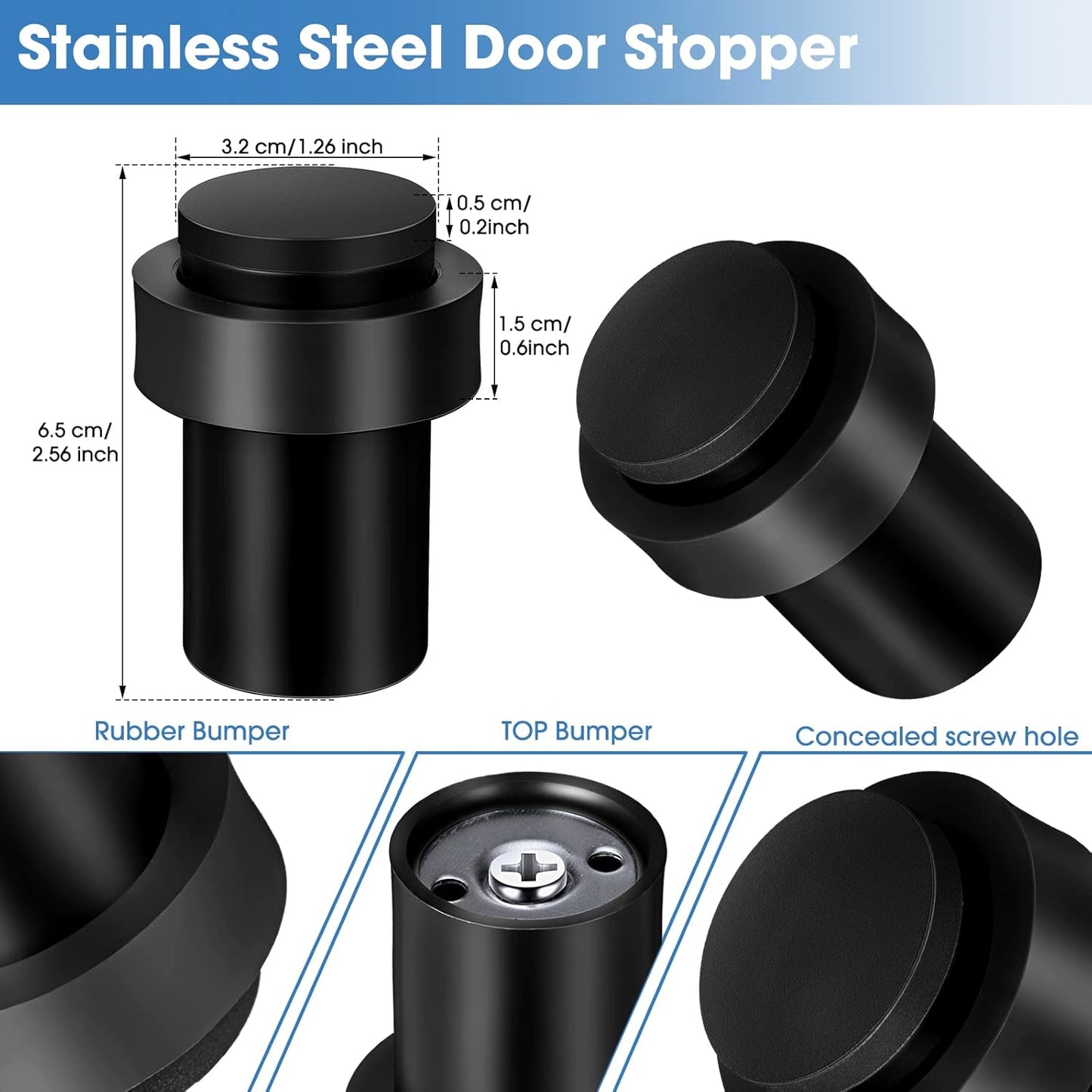 Chumia 10 Pcs Door Stopper Mounted Floor Stops Stainless Steel Cylindrical Stopper Modern Decorative Rubber Bumper Stops Holder Wall Protector for Bottom or Top of Door (Black)