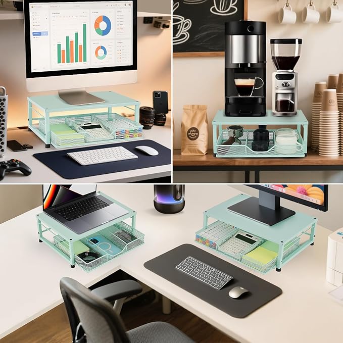 Small Laptop Stand for Desk, Monitor Stand Riser, Office Desk Accessories, Computer Desktop Stand with Drawer for Home, Office, School (Mint Green)