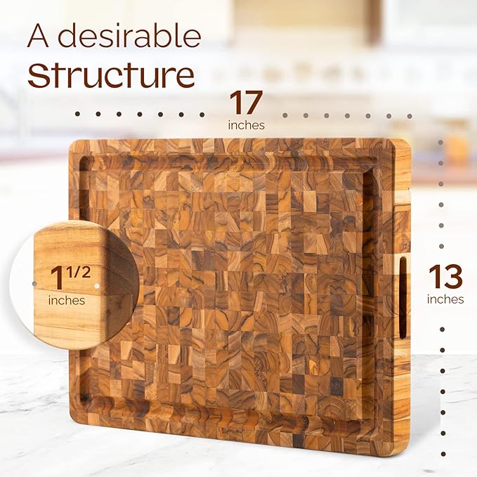 Yes4All Medium End Grain Teak Cutting Board for Kitchen, 17''L x 13''W x 1.5” Thick, Durable Wood with Juice Grooves, Pre-Oiled, Easy Grip Handles, Essential Kitchen Utensils Set